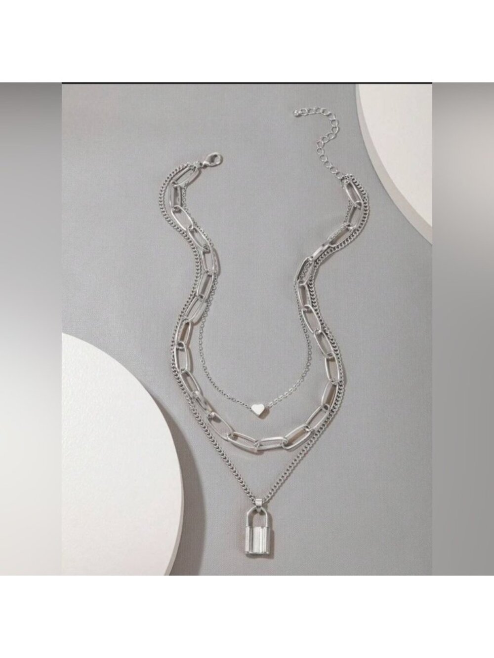 Silver Layered Padlock & Heart Charm Necklace – Chunky Chain Choker 3/$30